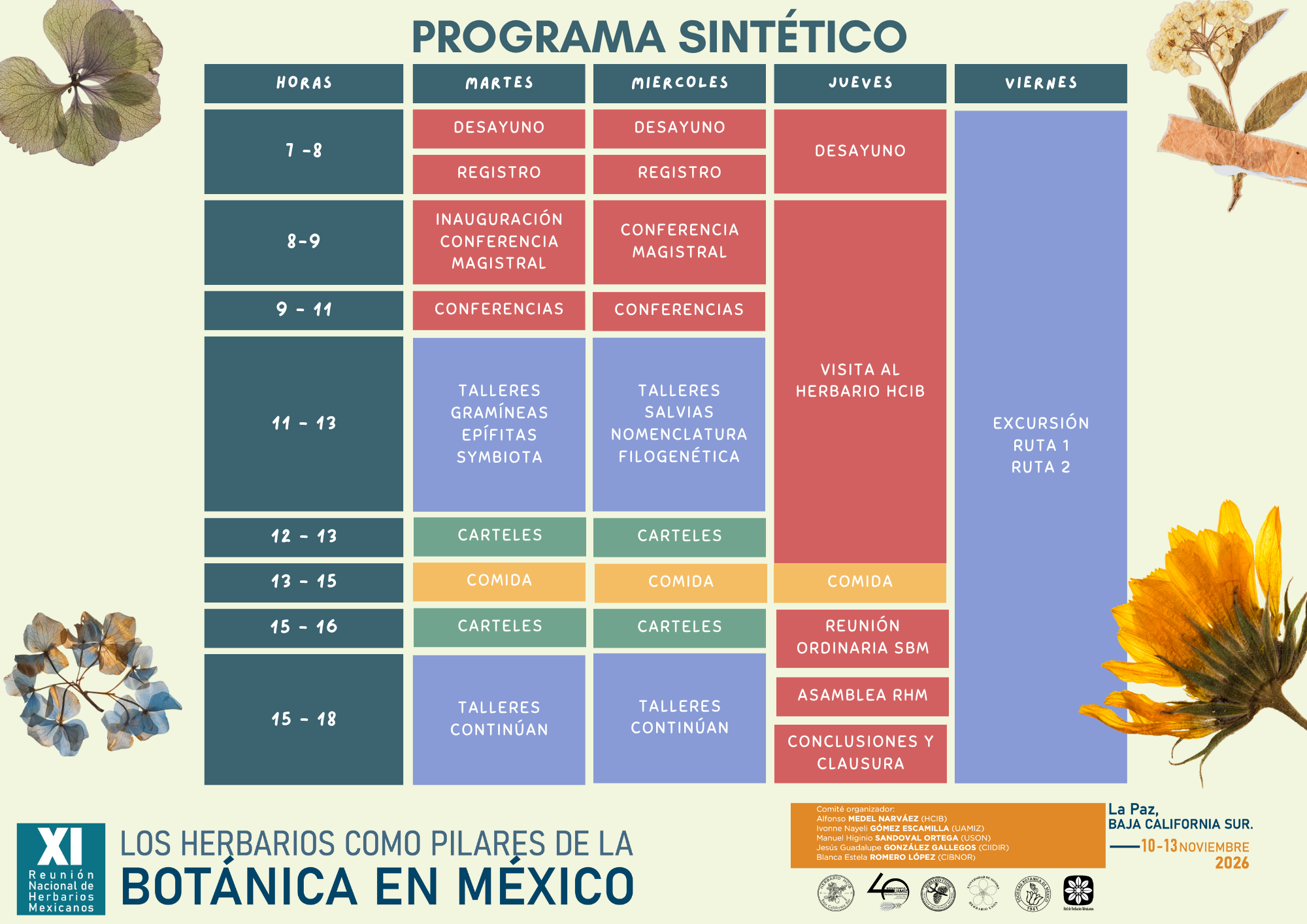 Programa sintético de la XI Reunión Nacional de Herbarios Mexicanos, que se realizará del 10 al 13 de noviembre en La Paz, Baja California Sur.